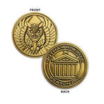 Front and back view of a gold coin. The front view has an etched owl motif. The back has "Gotham Knights Season One" around the edge, with a courthouse motif etched in the center.
