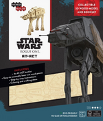 A box depicting an AT-AT Walker from the movie Rogue One: A Star Wars Story, with a wood model version next to it. Below the ship is a wood sheet with the model parts to be assembled.