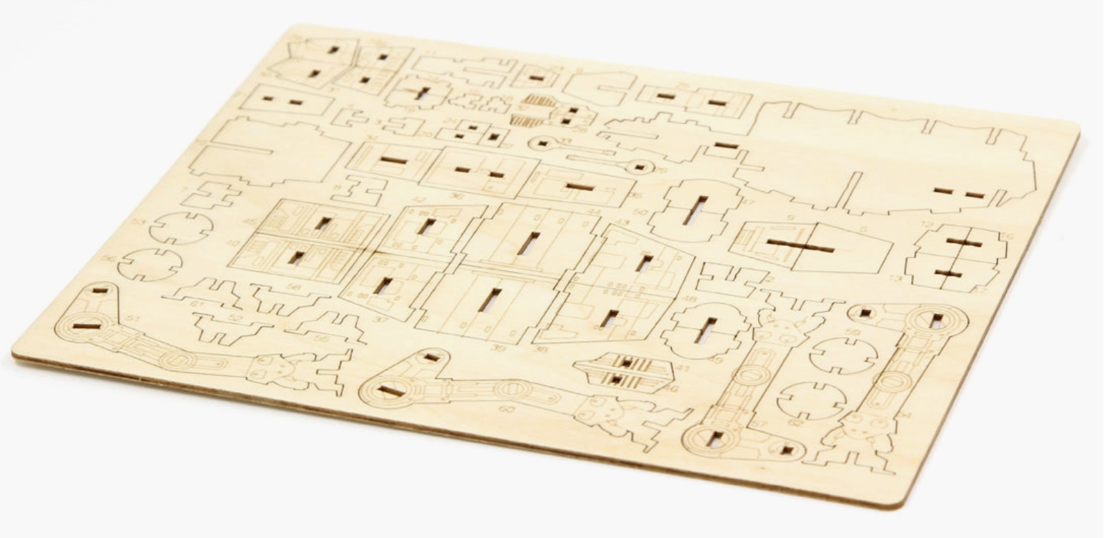 A flat wooden sheet off of the model parts, to be punched out and assembled.