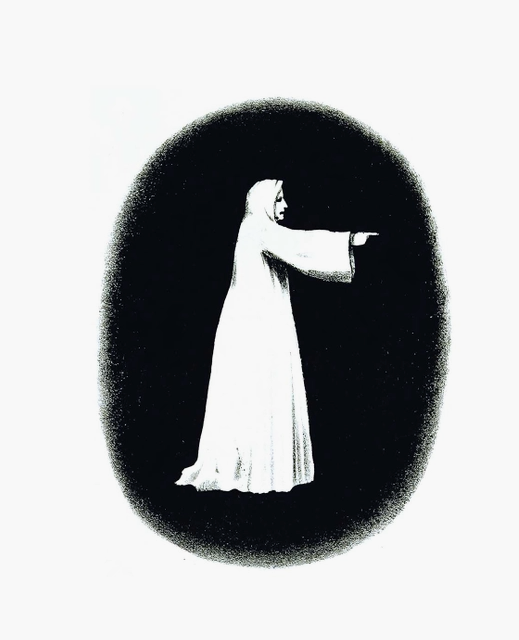 A black oval with a white line drawing of a robed figure pointing to the right.