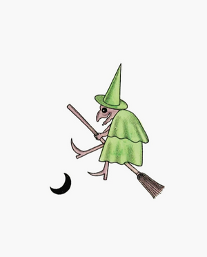A cartoonish drawing of a witch in green robes riding a broomstick, next to a black crescent moon.