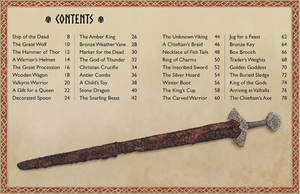 A parchment-colored book page with a red border. On the page in black text is the book’s table of contents. Under the text is an ancient, rusted Viking sword.