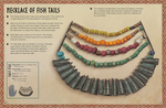 A parchment-colored book page with a red border. On the page in black text is the page title reading “necklace of fish tails,” with a description of the necklace underneath. On the right side is an image of an ancient necklace with multiple layers of beads and bronze pendants in the shape of fish tails.