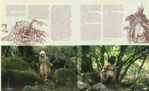 A two-page spread from the book. Along the bottom is a screenshot of the film, showing the two main characters walking through the woods. At the top is text describing the creation of the film, with sketches of other characters along the sides.