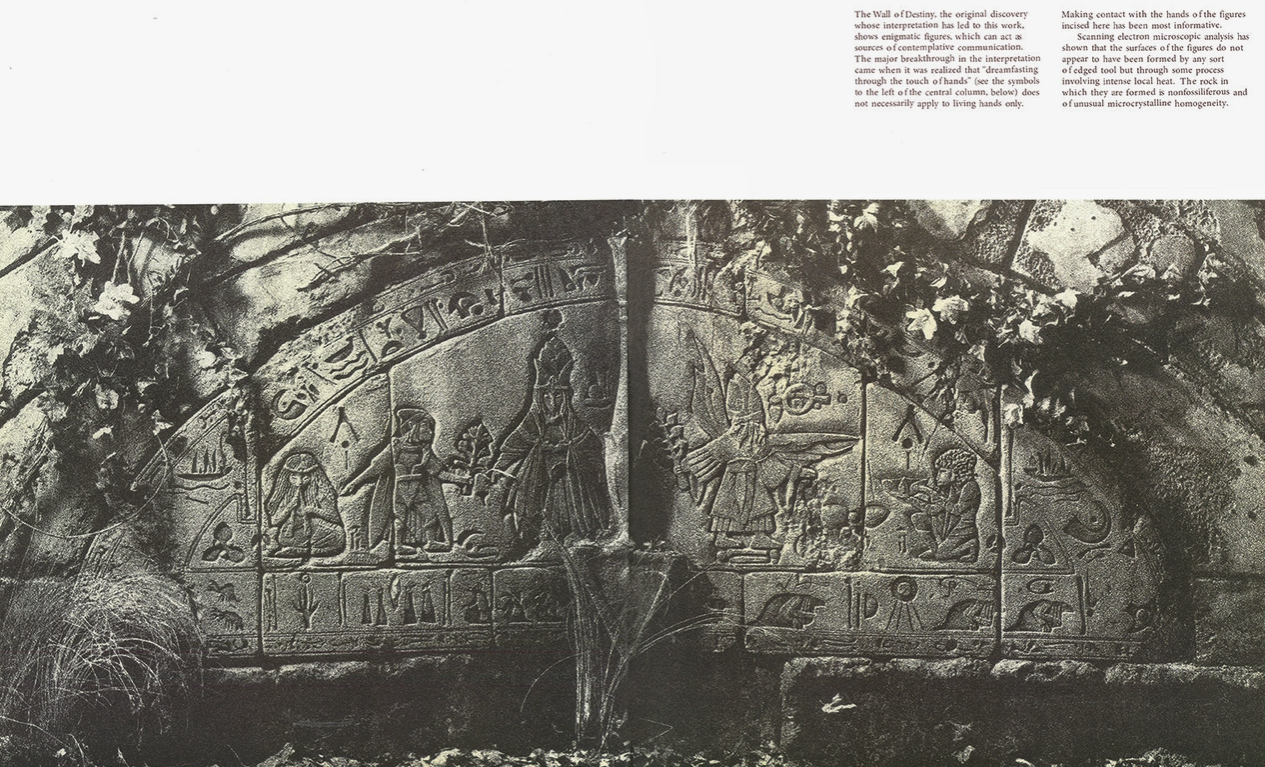 A black and white image of an ancient stone fresco, showing various characters from the film as carvings in the stone front. At the top of the page is text describing the fresco.
