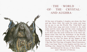A two-page spread from the book. On the left is an image of Aughra, a witch-like character from the film. On the right is reading "The world of the crystal and aughra." Below that is a paragraph of text said by the character.