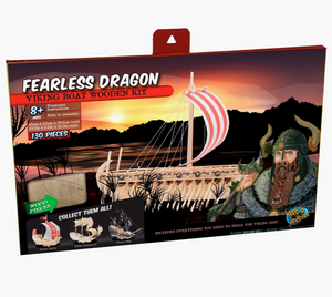 An image of a model kit box, set against a white background. On the front of the box is a drawing of two Vikings in armor. An image of a miniature Viking ship with a red and white sail sits against a lake at sunset. At the top in white text is "Fearless dragon." Underneath is a red strip with black text saying "viking boat wooden kit."
