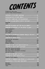 A gray page from the book with the table of contents in white and black text.