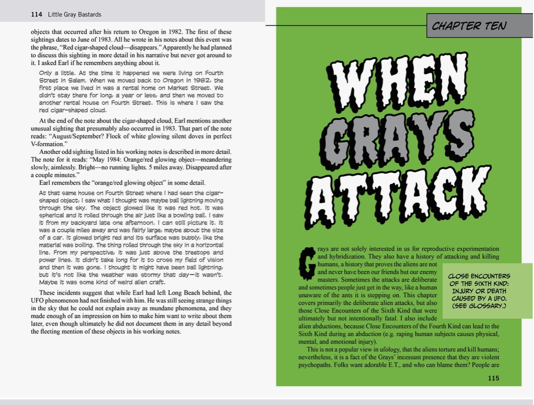 A two-page spread from the book. On the right is white and gray text on a green background saying "when grays attack." The pages describe the history of gray attacks.