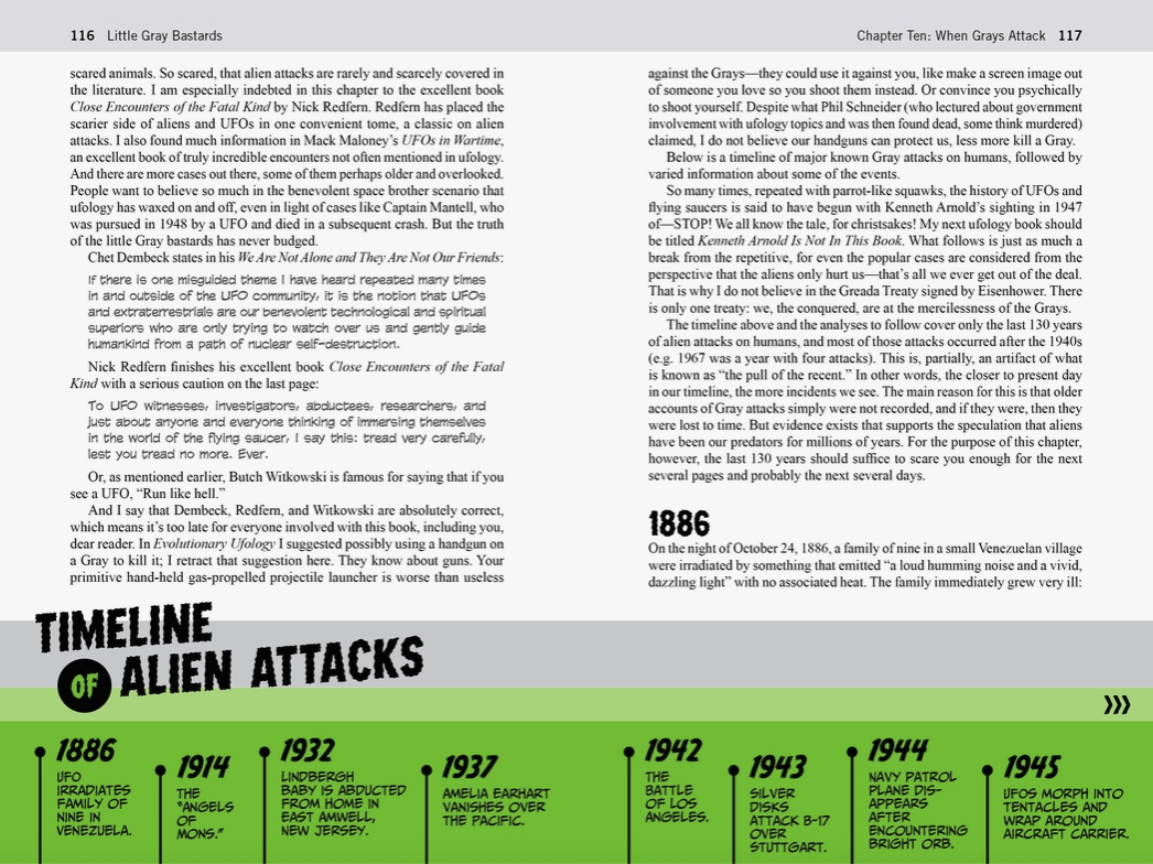 A two-page spread from the book, describing the timeline of alien attacks. At the bottom is a green bar, with the timeline in black text.