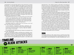 A two-page spread from the book, describing the timeline of alien attacks. At the bottom is a green bar, with the timeline in black text.