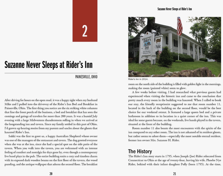 A two-page spread from the book, with the chapter title "Suzanne Never Sleeps at Rider's Inn" at the top left. On the right is an image of the Inn. Across both pages is a description of the Inn's history.